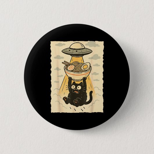 Grappige Zwarte Kat Ufo Ramen Alien Ontvoering Gra Ronde Button 5,7 Cm (Voorkant)