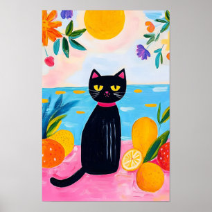 Grappige Zwarte Kat Vers Fruit en Zee Poster