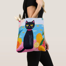 Grappige Zwarte Kat Verse Vruchten en Zee Tote Bag