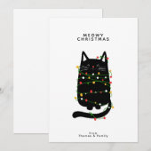 Grappige zwarte kat verstrikt in kerstlicht feestdagenkaart (Voorkant / Achterkant)