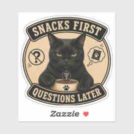 Grappige zwarte kat vinyl sticker | Snacks eerst z