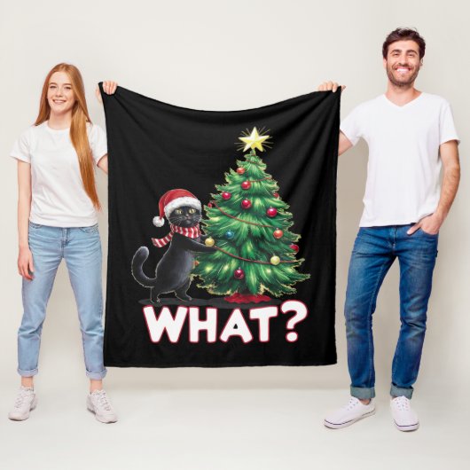 Grappige zwarte kat wat kerstboom fleece deken (In situ)