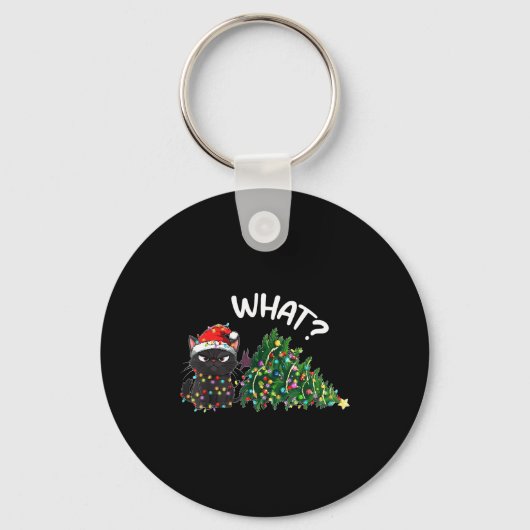 Grappige Zwarte Kat Wat_ Kerstboom Grappige Katten Sleutelhanger (Voorkant)