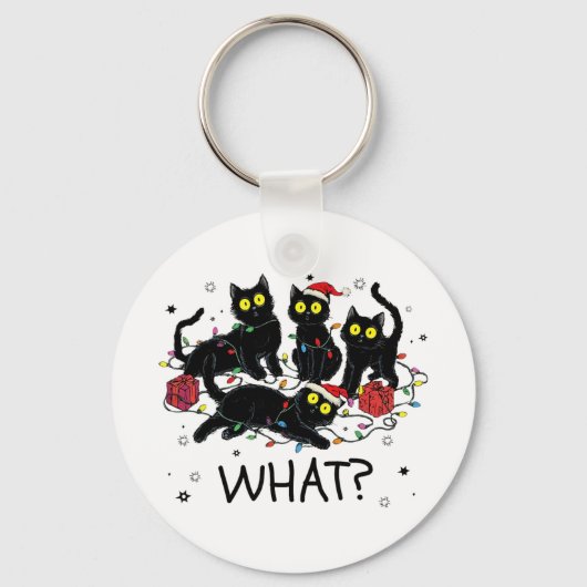 Grappige Zwarte Kat Wat Kerstboom Meme Kerstmannen Sleutelhanger (Voorkant)