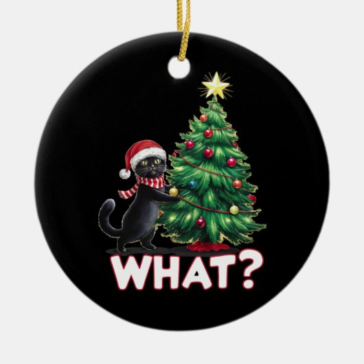 Grappige Zwarte Kat Wat Xmas Kerstboom Keramisch Ornament (Voorkant)