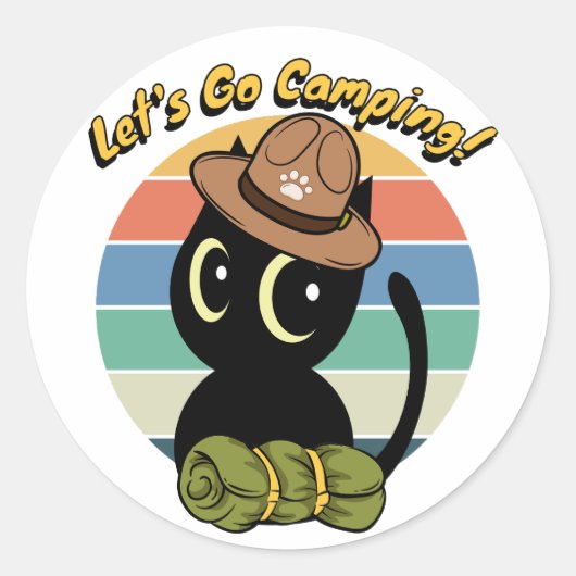 Grappige zwarte kat wil gaan kamperen ronde sticker (Voorkant)