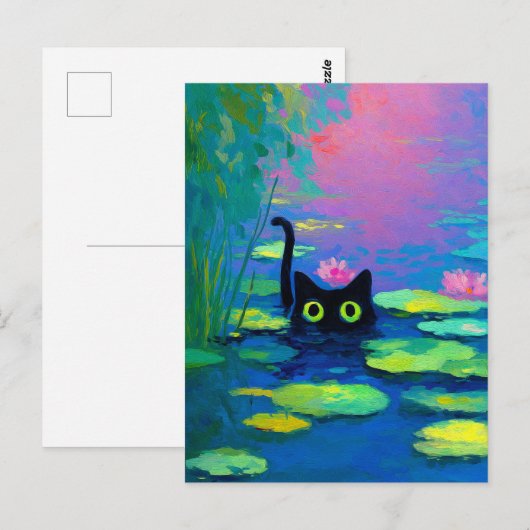 Grappige zwarte kat zwemt in vijver | Excentrieke Briefkaart (Voorkant / Achterkant)