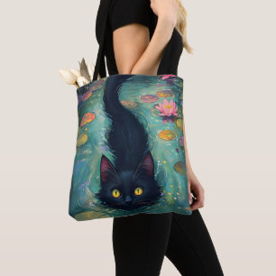 Grappige zwarte kat zwemt  tote bag
