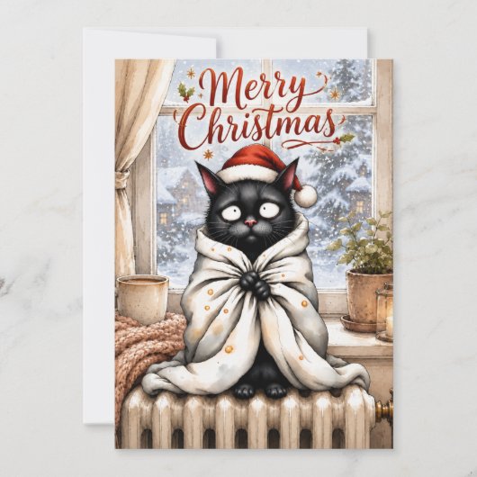 Grappige Zwarte Katten Kerstkaart – Cozy Cat Lover (Voorkant)