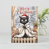 Grappige Zwarte Katten Kerstkaart – Cozy Cat Lover (Staand voorkant)