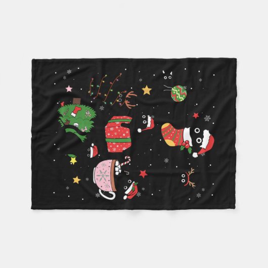 Grappige zwarte katten kerstmuts kerstboom vrolijk fleece deken (Voorkant (Horizontaal))