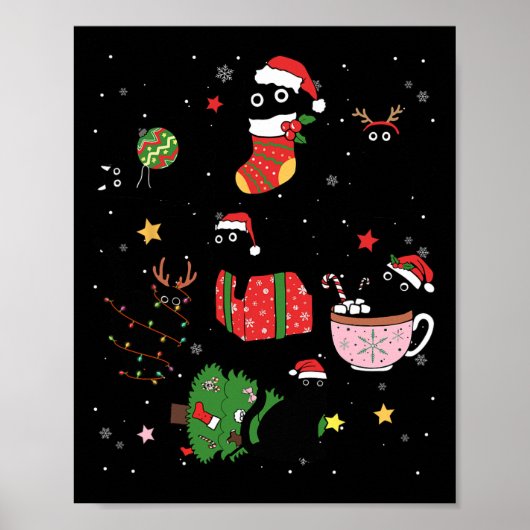 Grappige zwarte katten kerstmuts kerstboom vrolijk poster (Voorkant)