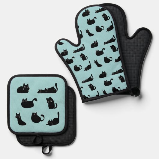 Grappige zwarte katten ovenwant & pannenlap set (Voorkant / Achterkant)