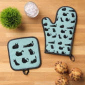 Grappige zwarte katten ovenwant & pannenlap set (Top down)