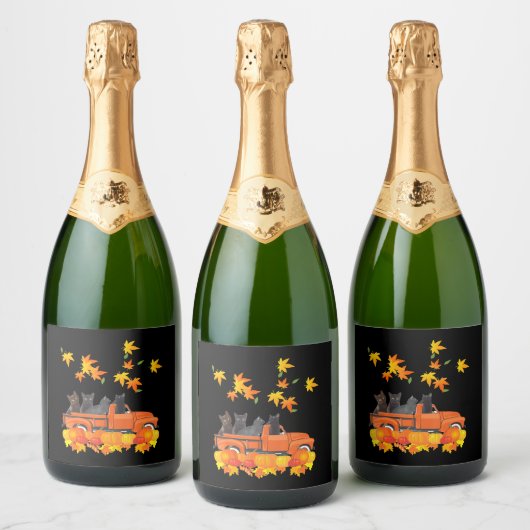 Grappige zwarte katten vrachtwagen herfst pompoen sparkling wijnetiket (Flessen)