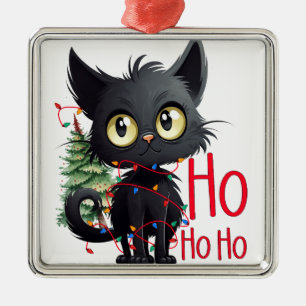GRAPPIGE ZWARTE KERSTKAT MET BOOM METALEN ORNAMENT