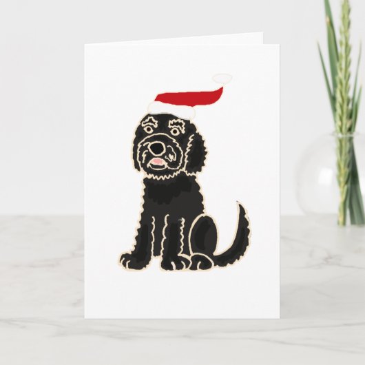 Grappige zwarte Labradoodle in kerstkunst met kers Feestdagen Kaart (Voorkant)