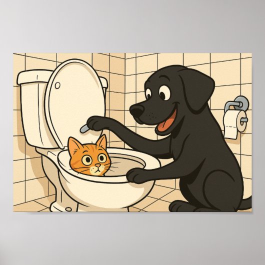 Grappige zwarte Labrador en kat badkamerkunst Poster (Voorkant)