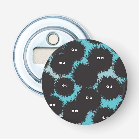 Grappige zwarte pluizige monsters button flesopener (Voorkant)