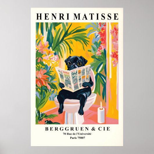 Grappige Zwarte Pug Badkamer Print Matisse Stijl (Voorkant)
