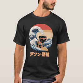 Grappige Zwarte Pug Japanse Kanagawa Wave Dog T-shirt