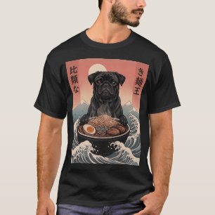 Grappige zwarte pug Japanse Ramen Noedels Vintage T-shirt