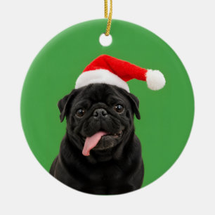 Grappige Zwarte Pug Kerstman Hoed Tong Uit Kerstmi Keramisch Ornament