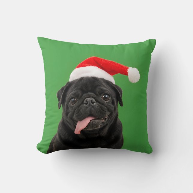 Grappige Zwarte Pug Kerstman Hoed Tong Uit Kerstmi Kussen (Voorkant)