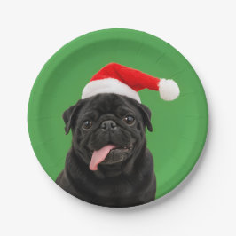 Grappige Zwarte Pug Kerstman Hoed Tong Uit Kerstmi Papieren Bordje