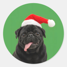 Grappige Zwarte Pug Kerstman Hoed Tong Uit Kerstmi Ronde Sticker