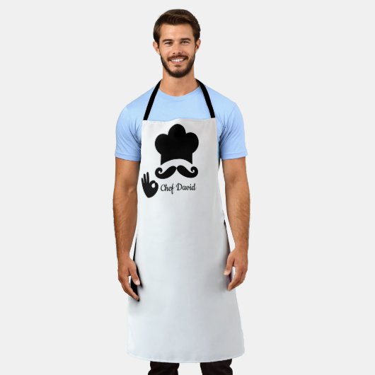 Grappige zwarte snor op maat schort (Gedragen)