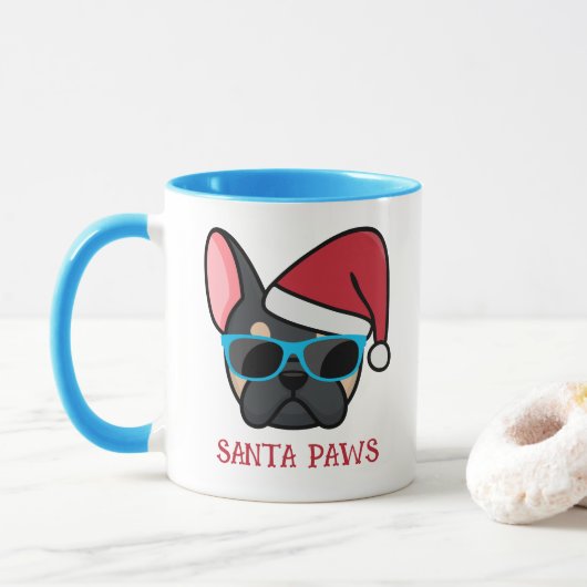 Grappige Zwarte Tan Franse Santa Paws Kerstmis Mok (Met donut)