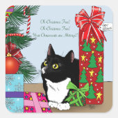 Grappige zwarte witte smoking kat Kerstboom Vierkante Sticker (Voorkant)