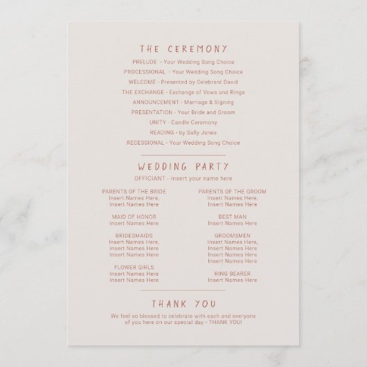 Grasbessen waterverf bruin sinaasappel bruiloft programmakaart (Achterkant)