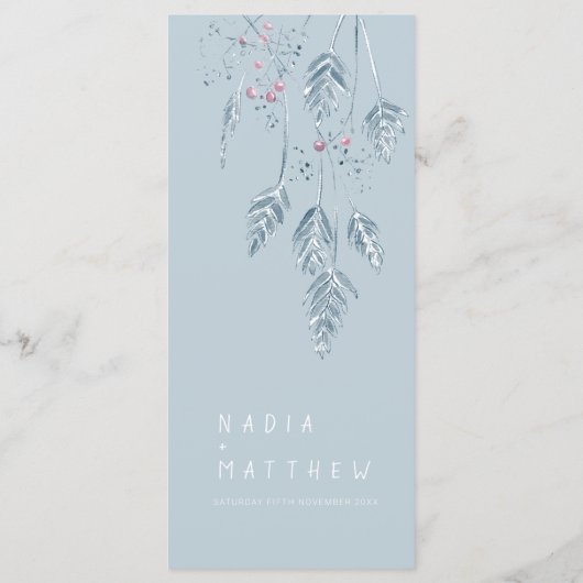 Grasbessen waterverf stoffig blauw wit bruiloft menu (Achterkant)