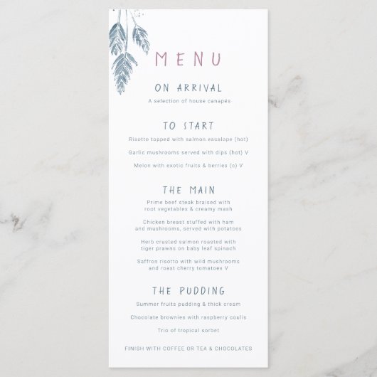 Grasbessen waterverf stoffig blauw wit bruiloft menu (Voorkant)