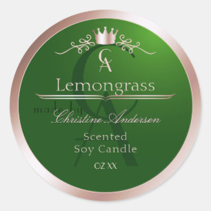Grasgroen productlabel roze gouden frame monogram ronde sticker
