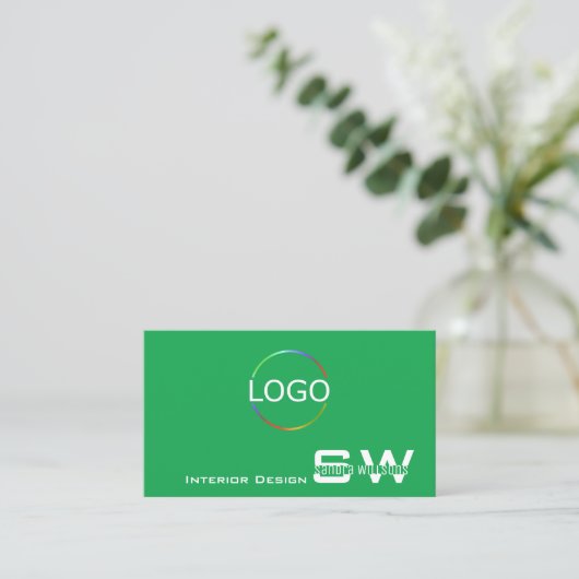 Grasgroen Wit met Monogram en Logo Eenvoudig Visitekaartje (Staand voorkant)