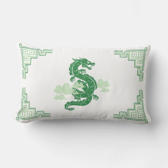 Grasgroene Chinoiserie Dragon en wolken Kussen (Voorkant)