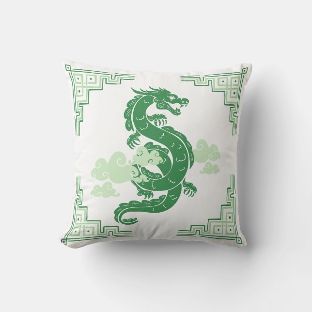 Grasgroene Chinoiserie Dragon en wolken Kussen (Voorkant)