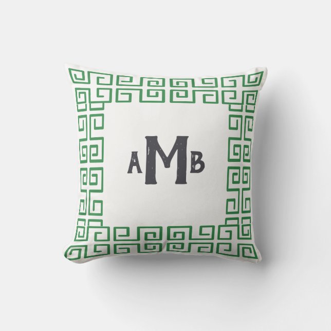 Grasgroene Chinoiserie Grieks Key Border Monogram Kussen (Voorkant)
