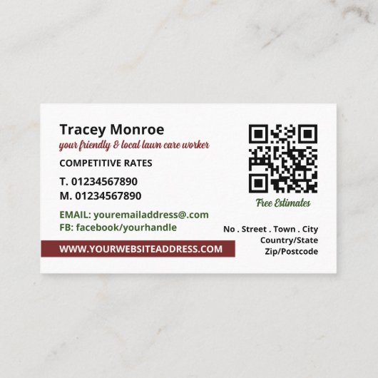 Grasmaaier op gras, Grasverzorging Visitekaartje (Achterkant)