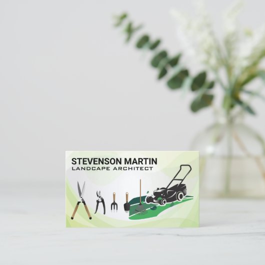 grasmaaier | tuingereedschap | tuinarchitect visitekaartje (Staand voorkant)