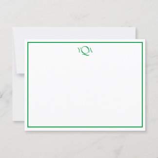 Grass Green and White Monogrammed Flat Note Briefkaart