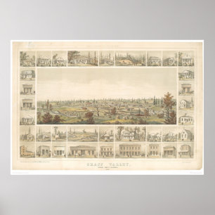 Grass Valley, CA. Panoramische kaart 1858 (0663A) Poster
