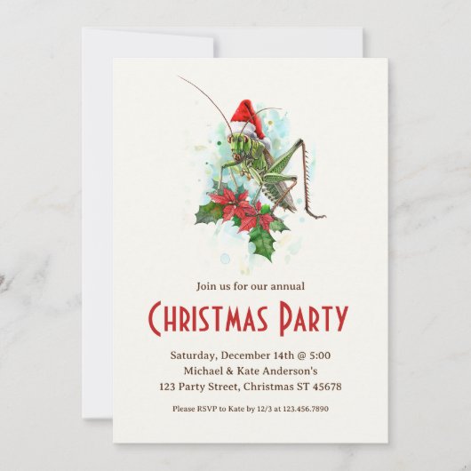 Grasshopper Santa Hat Poinsettias Kerstfeest Kaart (Voorkant)