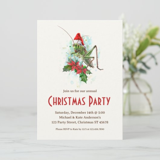 Grasshopper Santa Hat Poinsettias Kerstfeest Kaart (Staand voorkant)