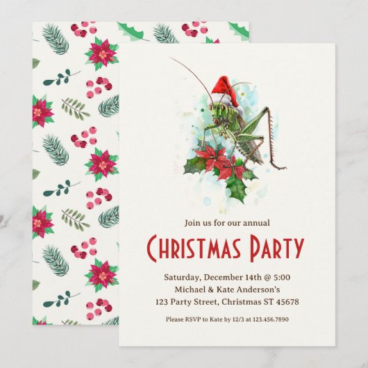 Grasshopper Santa Hat Poinsettias Kerstfeest Kaart (Voorkant / Achterkant)