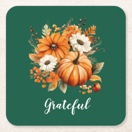 Grateful Autumn Floral Pumpkin Green Square Kartonnen Onderzetters