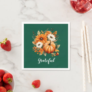 Grateful Autumn Floral Pumpkin Green Square Servet